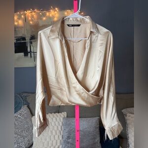 Zara Satin Wrap Crop Blouse Feather Cuffs Champagne Beige Size Large 🤍